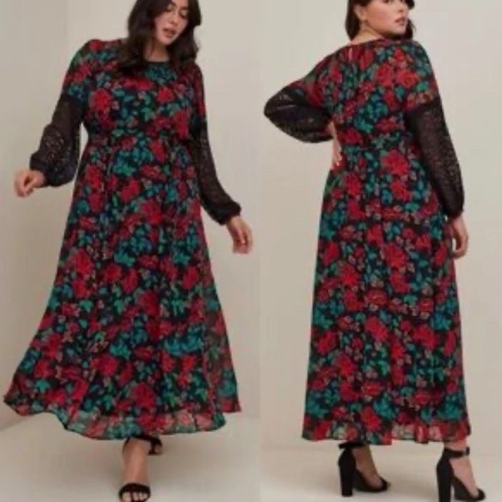 Torrid Chiffon Maxi Peasant Dress Floral Black Plus Size 00 M/L 10 D91285
